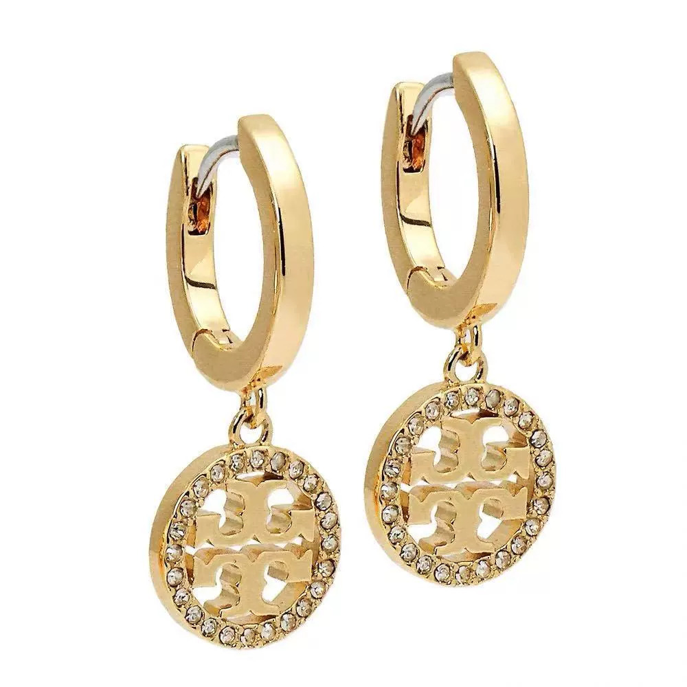 Tory Burch Gold Plated Rhinestone Geometric Round Earrings